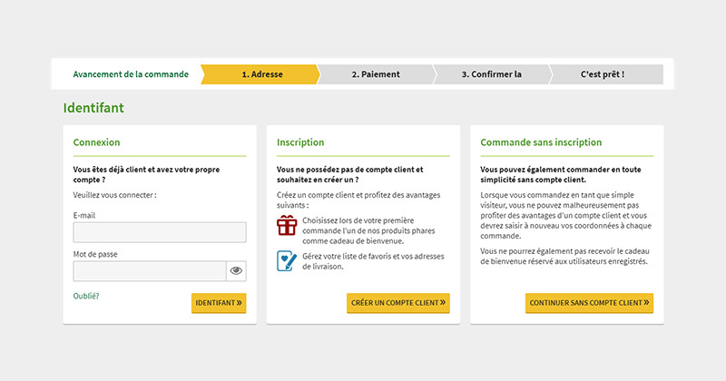 Lors de votre premier achat, veuillez sélectionner « CRÉER UN COMPTE »