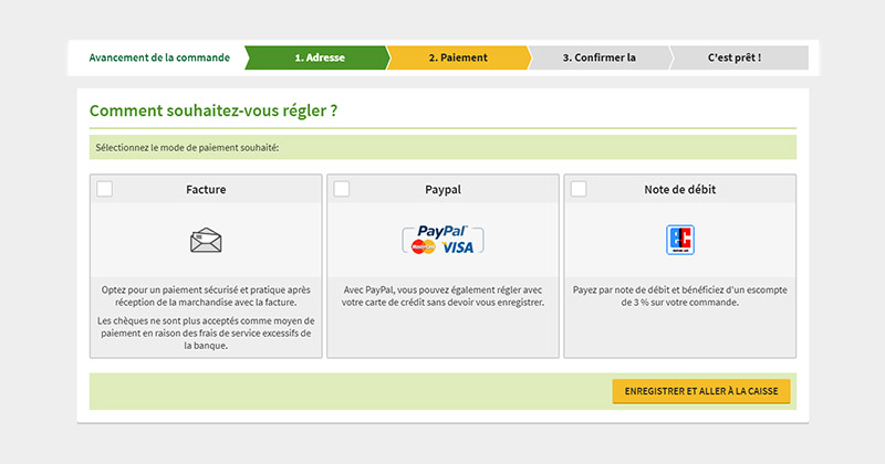 Payez par facture, PayPal/carte de crédit ou prélèvement.