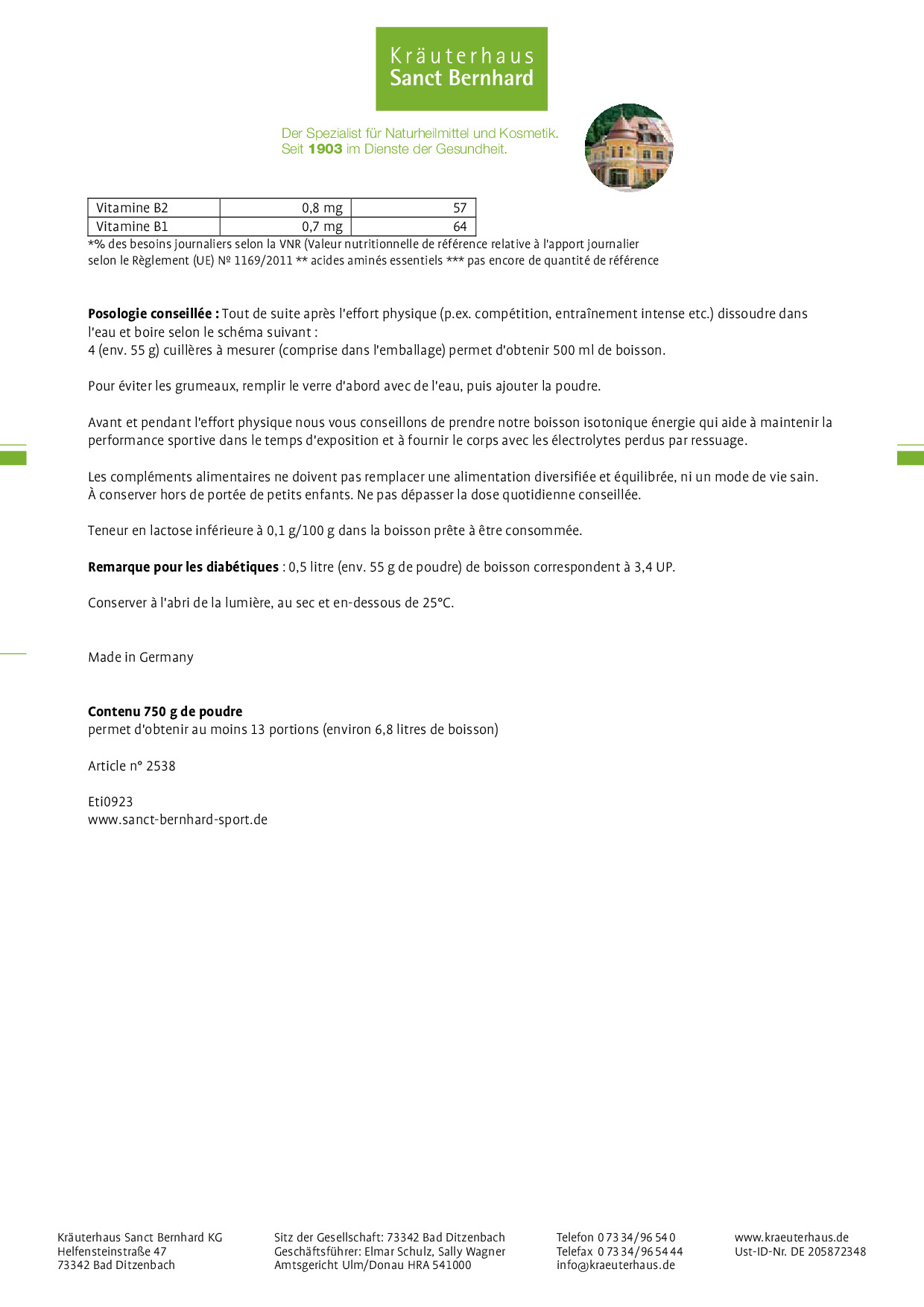 Sanct Bernhard Sport Boisson Prot in e R g n ration Ultra rapide Grenade