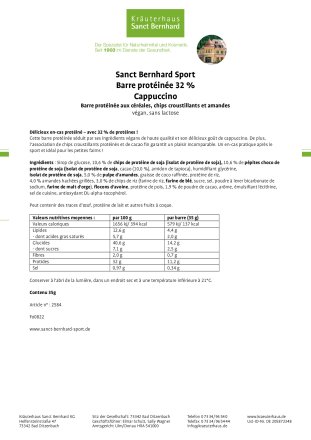 Sanct Bernhard Sport Barre protéinée 32 % Cappuccino (paquet de 20 barres) 700 g